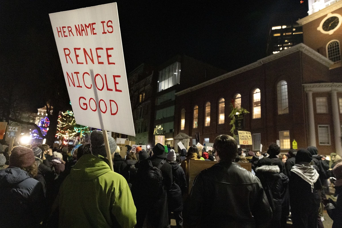 Demonstrators gather at Park Street in Boston on Jan. 8 to protest the fatal shooting of Renee Macklin Good by an ICE agent in Minneapolis.