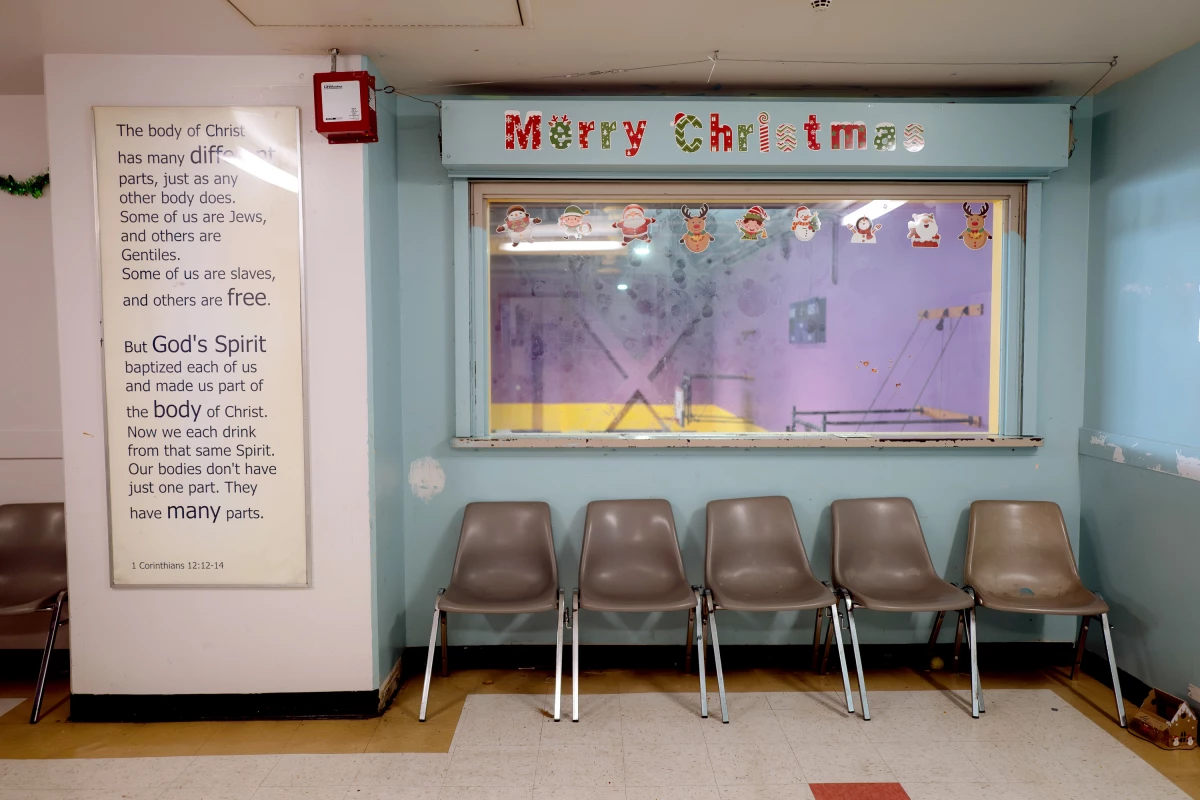 Christmas decorations adorn the walls at the Union Rescue Mission in Los Angeles. December 15, 2025.