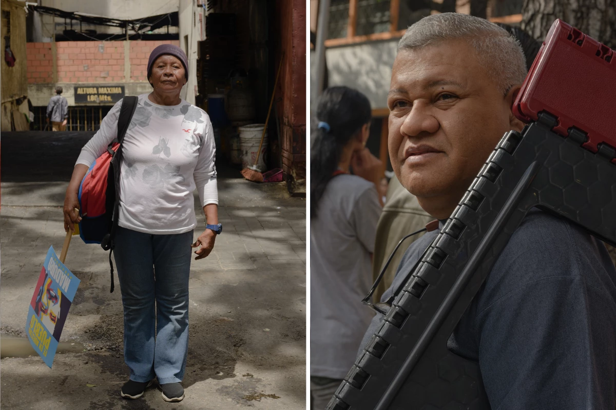 Maryelis Bolivar de Flores, 65, attends the closing campaign of President Nicolás Maduro; Orlando Pineda holds his stool outside the Andrés Bello school in Caracas on Sunday. He has already voted and is waiting for his wife. “This has to change,” he said.