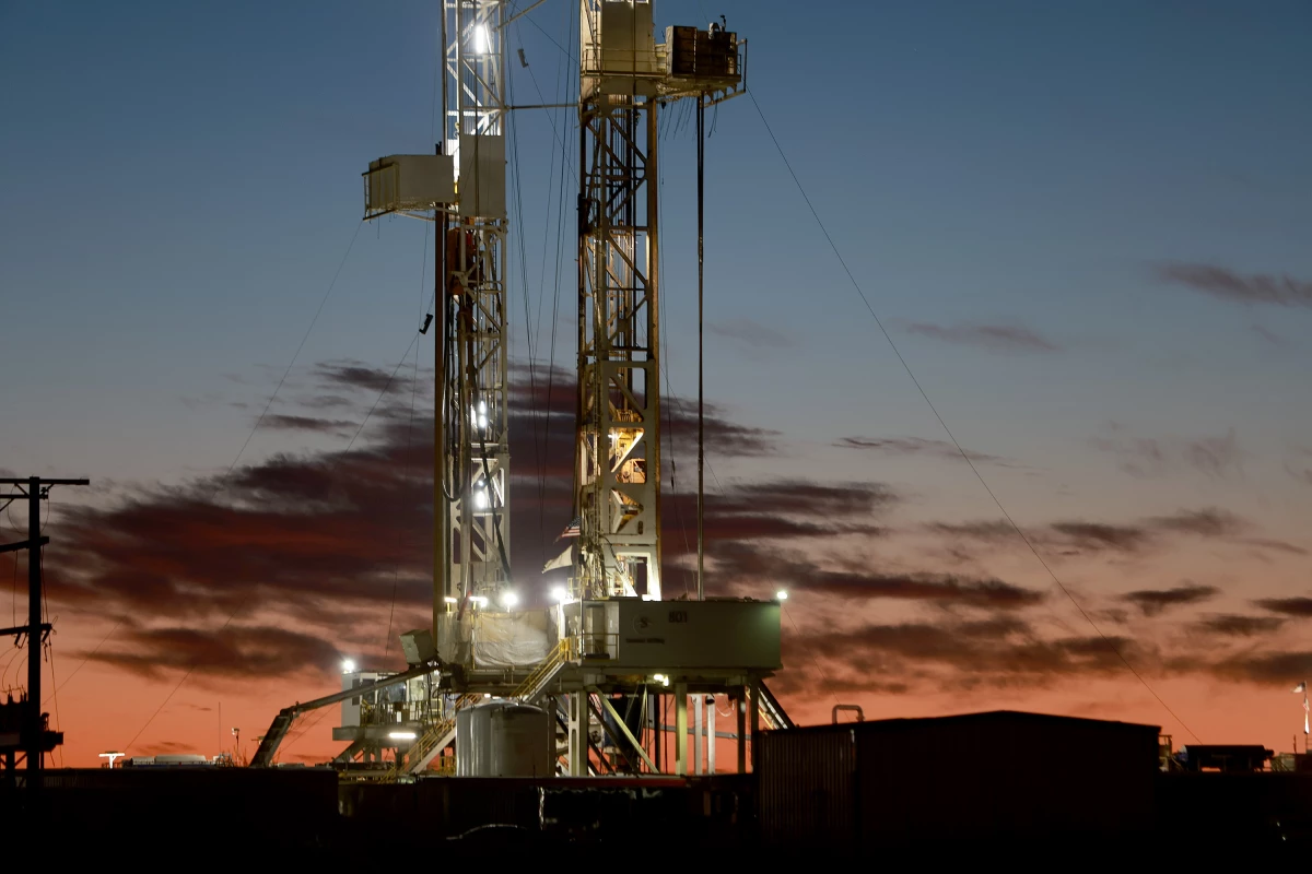 An oil drilling rig in the Permian Basin on March 13, 2022, in Midland, Texas.