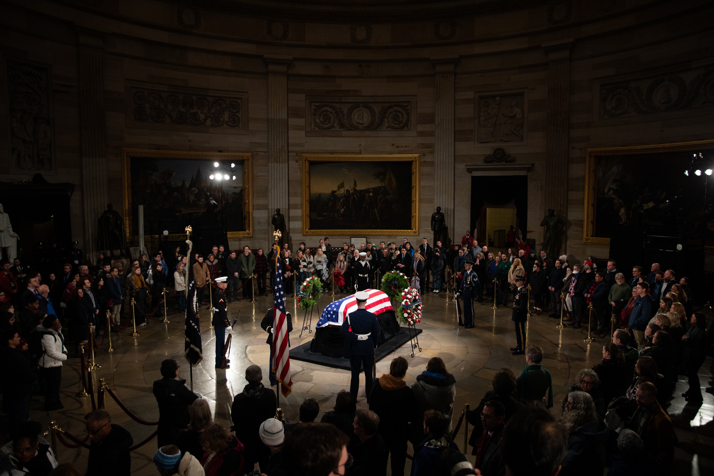The flag-draped casket bearing the remains of former President Jimmy Carter lies in the Capitol Rotunda during a memorial service at the U.S. Capitol on Jan. 7, in Washington, D.C.