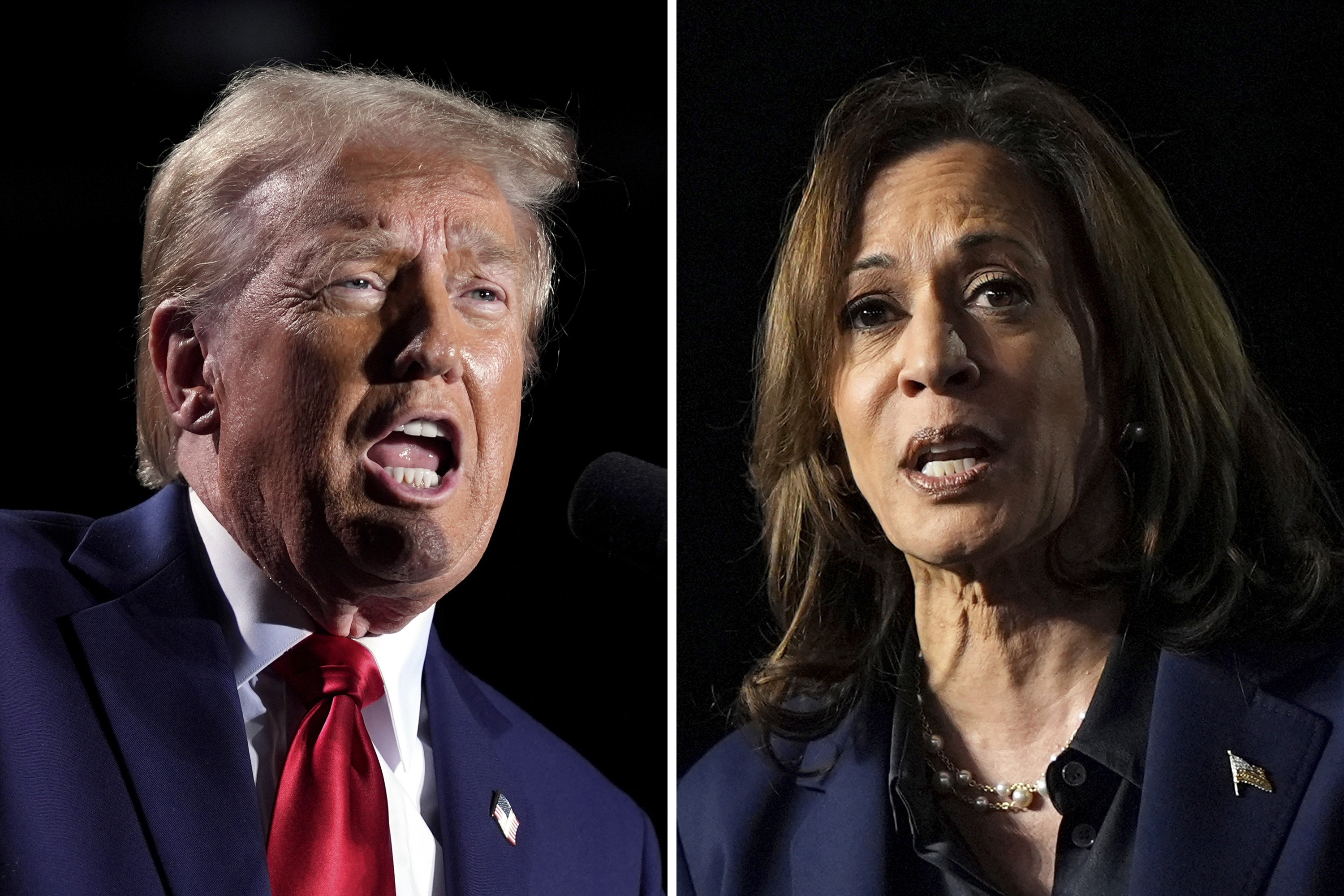 This combination of file photos shows former President Donald Trump, left, speaking at a campaign rally, Oct. 18, in Detroit, and Vice President Harris, speaking at a campaign rally in Green Bay, Wisconsin on Oct. 17. (AP)