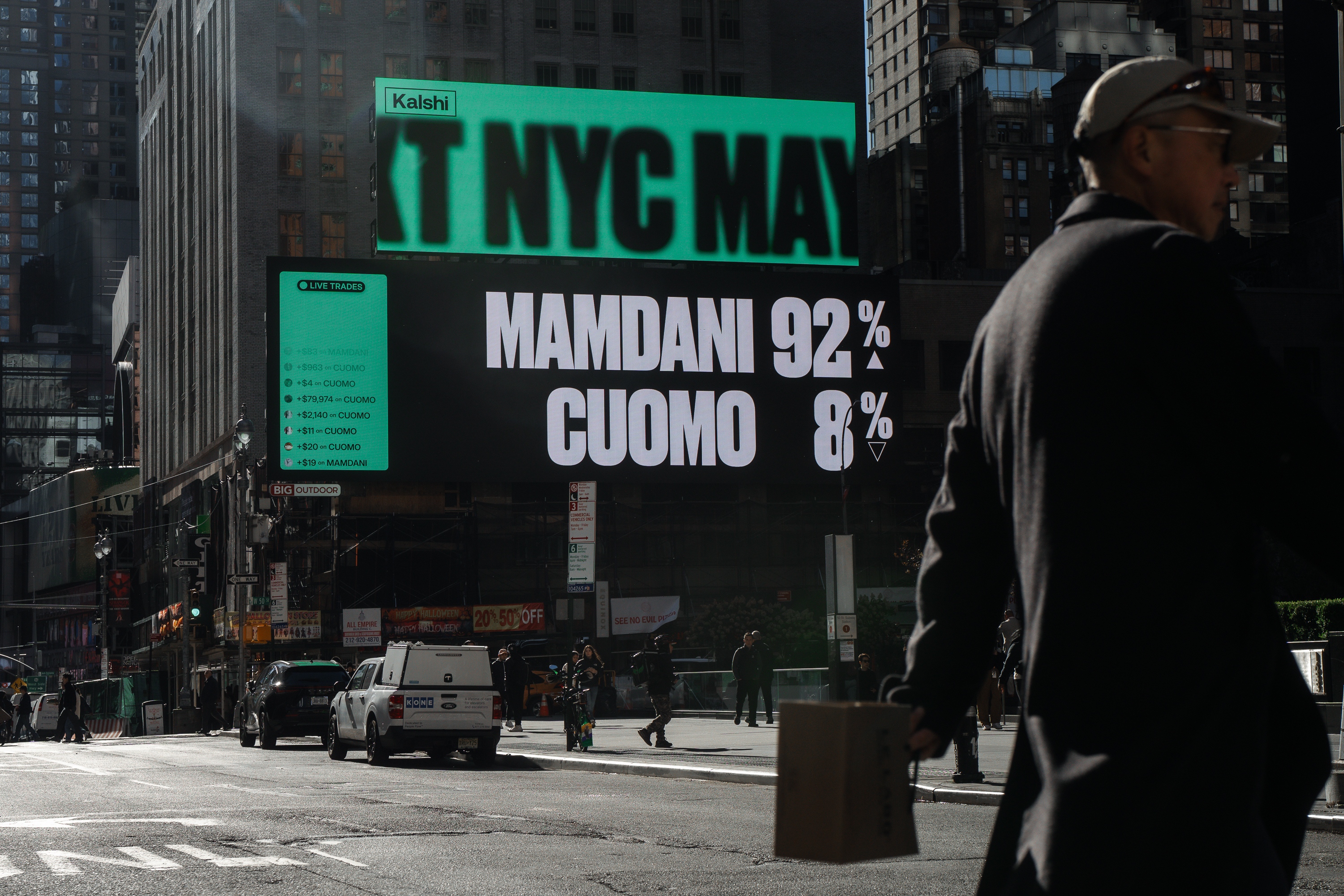 Advertisements by the company Kalshi predict a victory for Zohran Mamdani in the New York City mayoral election before the votes are counted and polls close on Tuesday, Nov. 4, 2025, in New York. (AP)