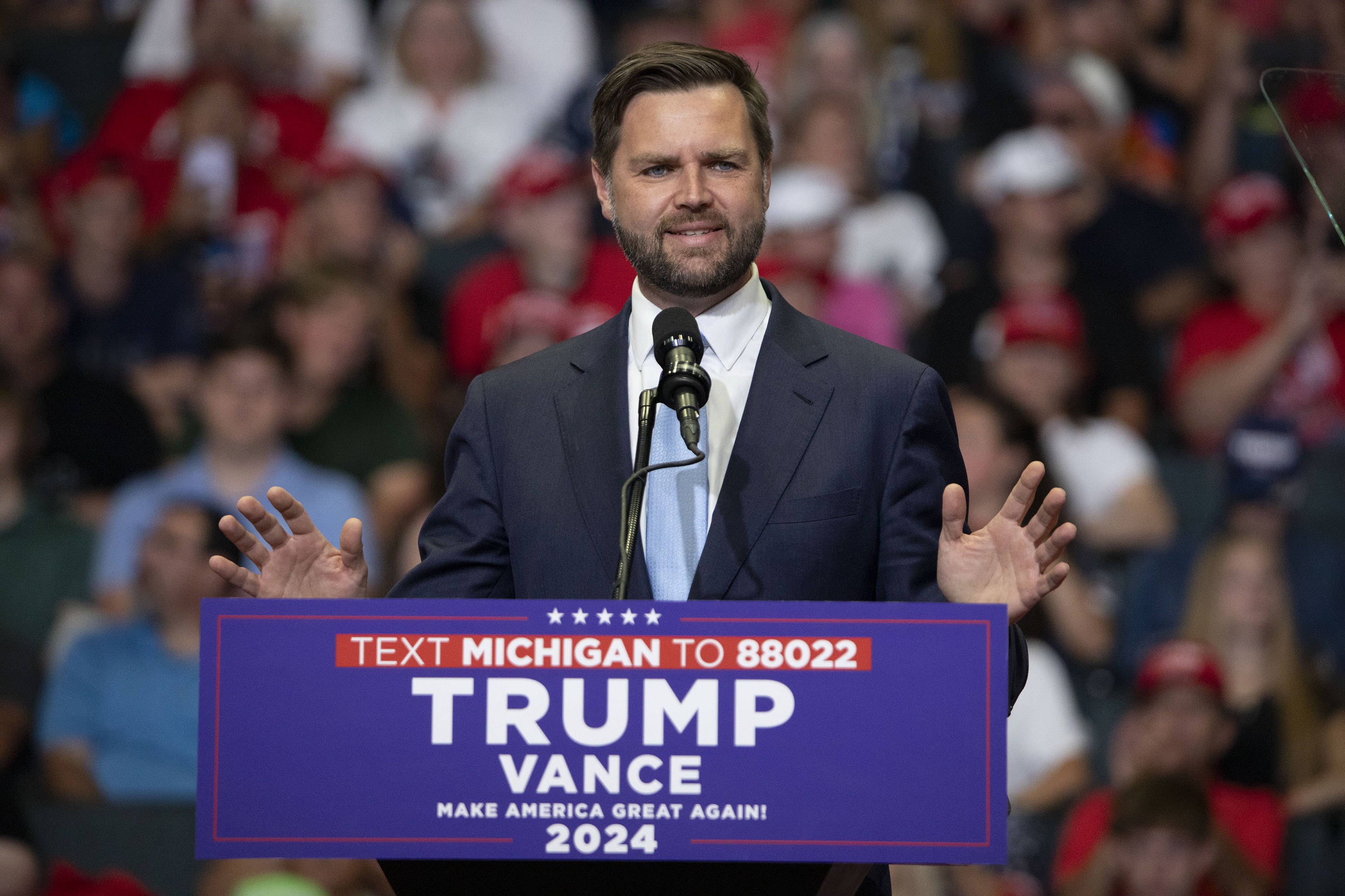 Sen. JD Vance, R-Ohio, the Republican vice presidential candidate, speaks at a rally in Grand Rapids, Mich., on Saturday.