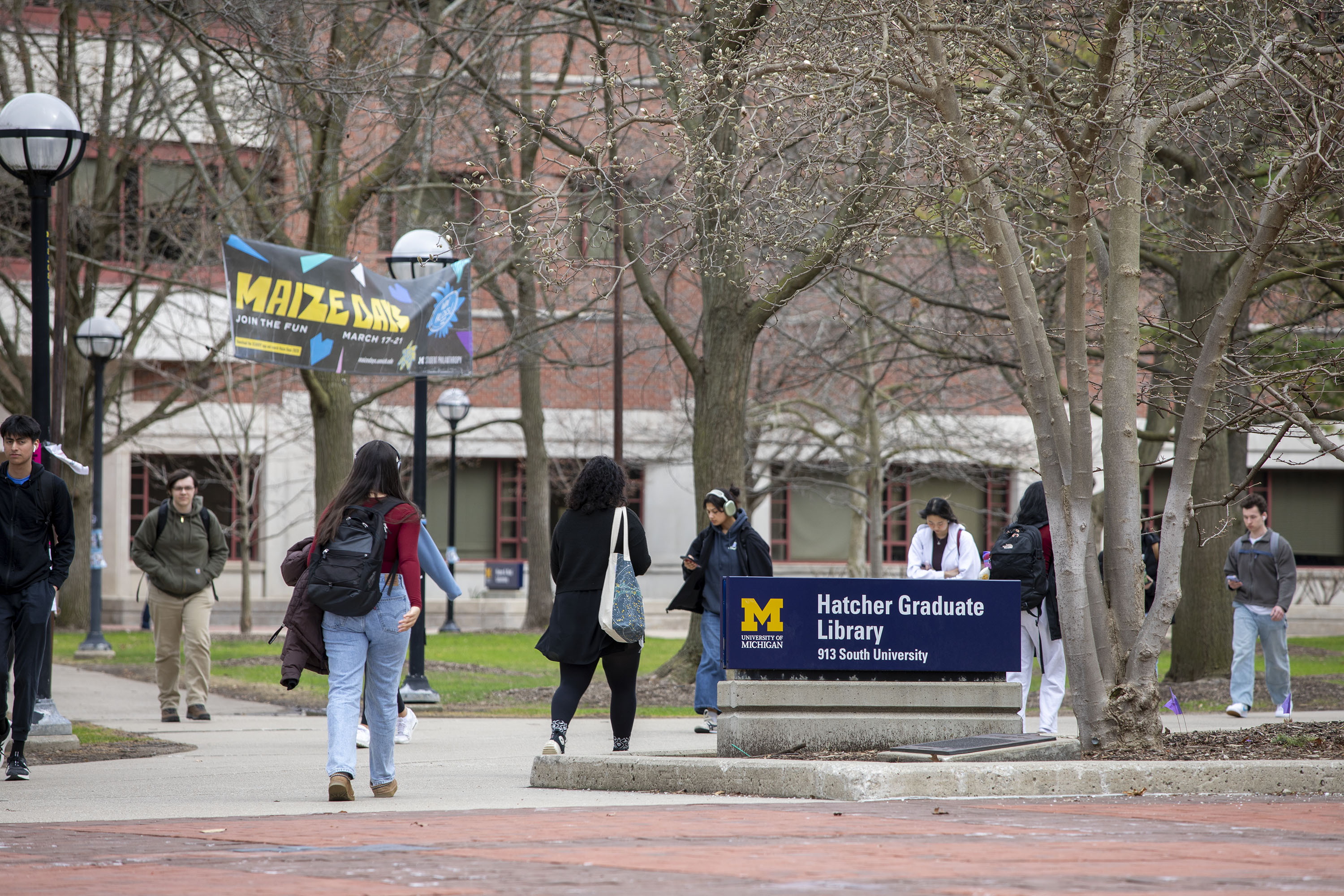 University of Michigan students walk on campus in Ann Arbor, Mich., on April 3, 2025.