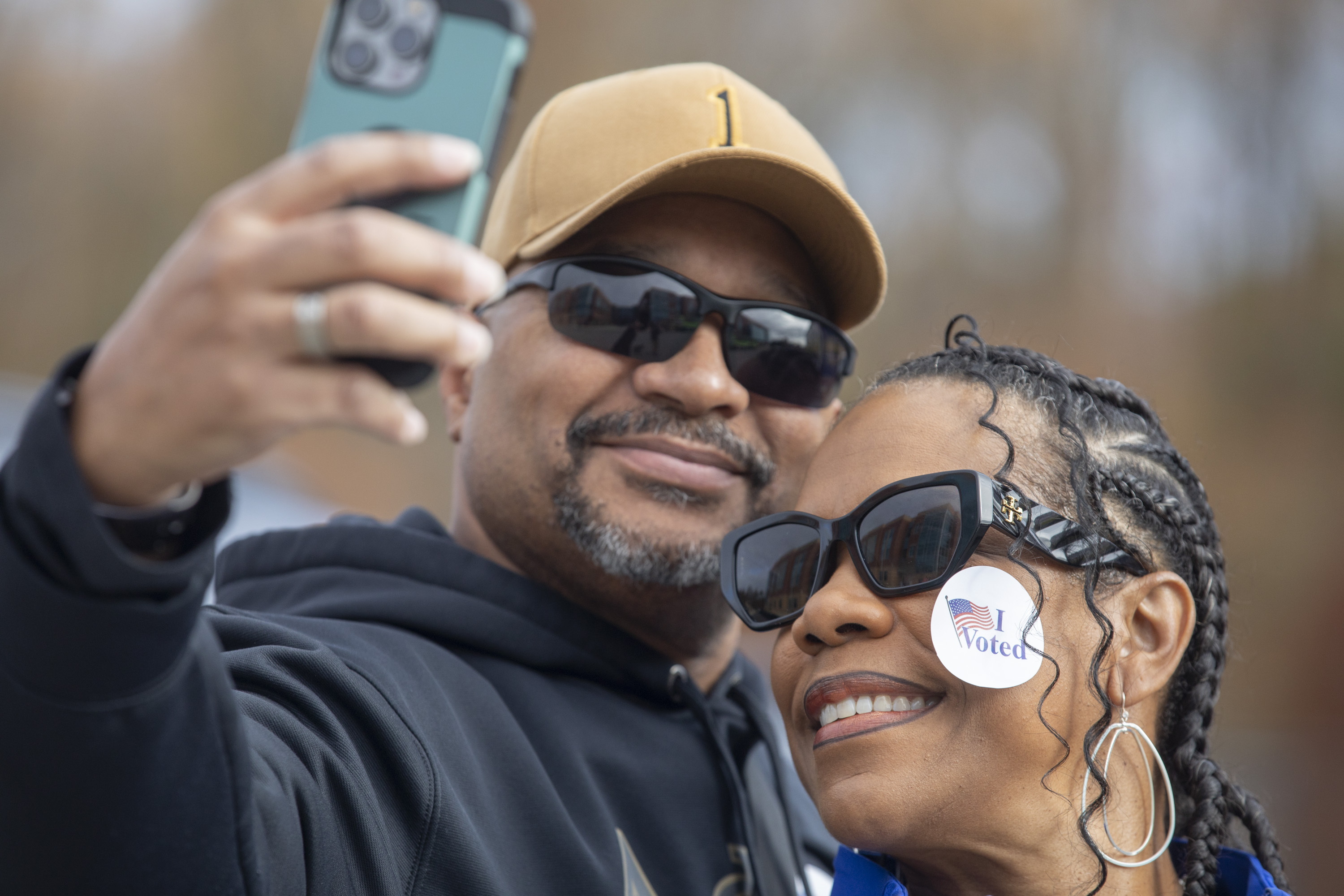 Iris and Burt Foster take a selfie after voting Dr. Henry A. Wise, Jr., High School in Upper Marlboro, Md.