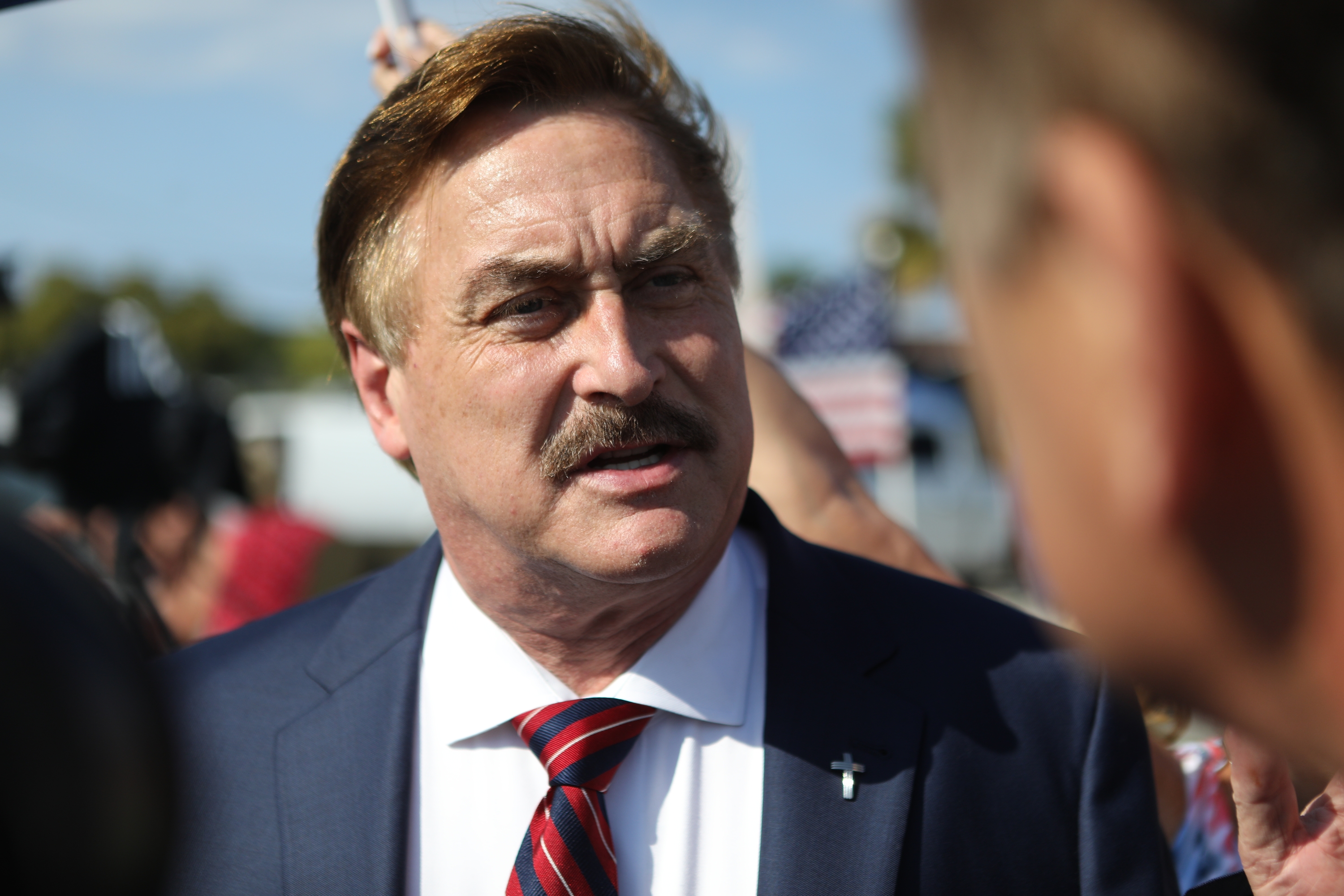 MyPillow CEO Mike Lindell arrives at a gathering of supporters of Donald Trump near Trump
