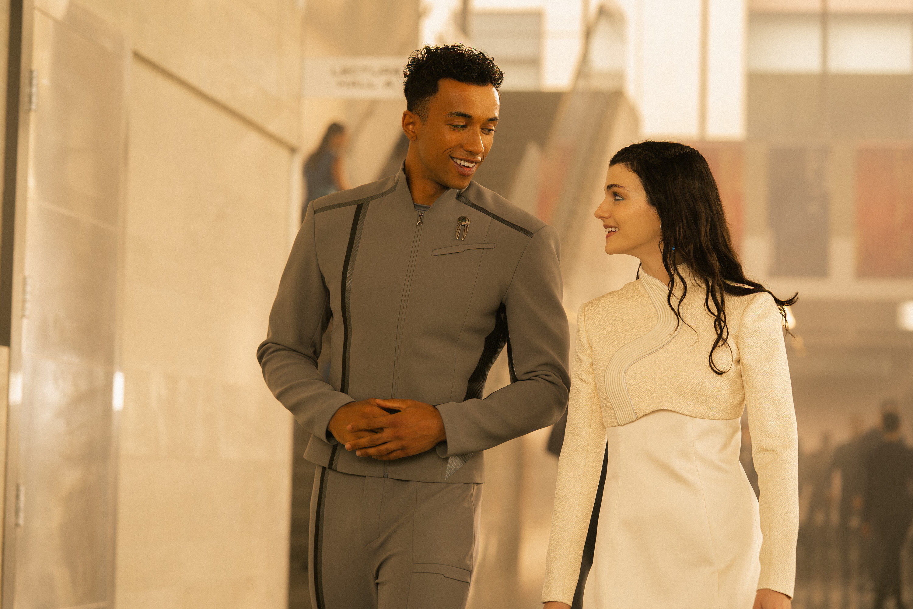 Sandro Rosta as Caleb Mir and Zoë Steiner as Tarima Sadal in <em>Star Trek: Starfleet Academy</em>.