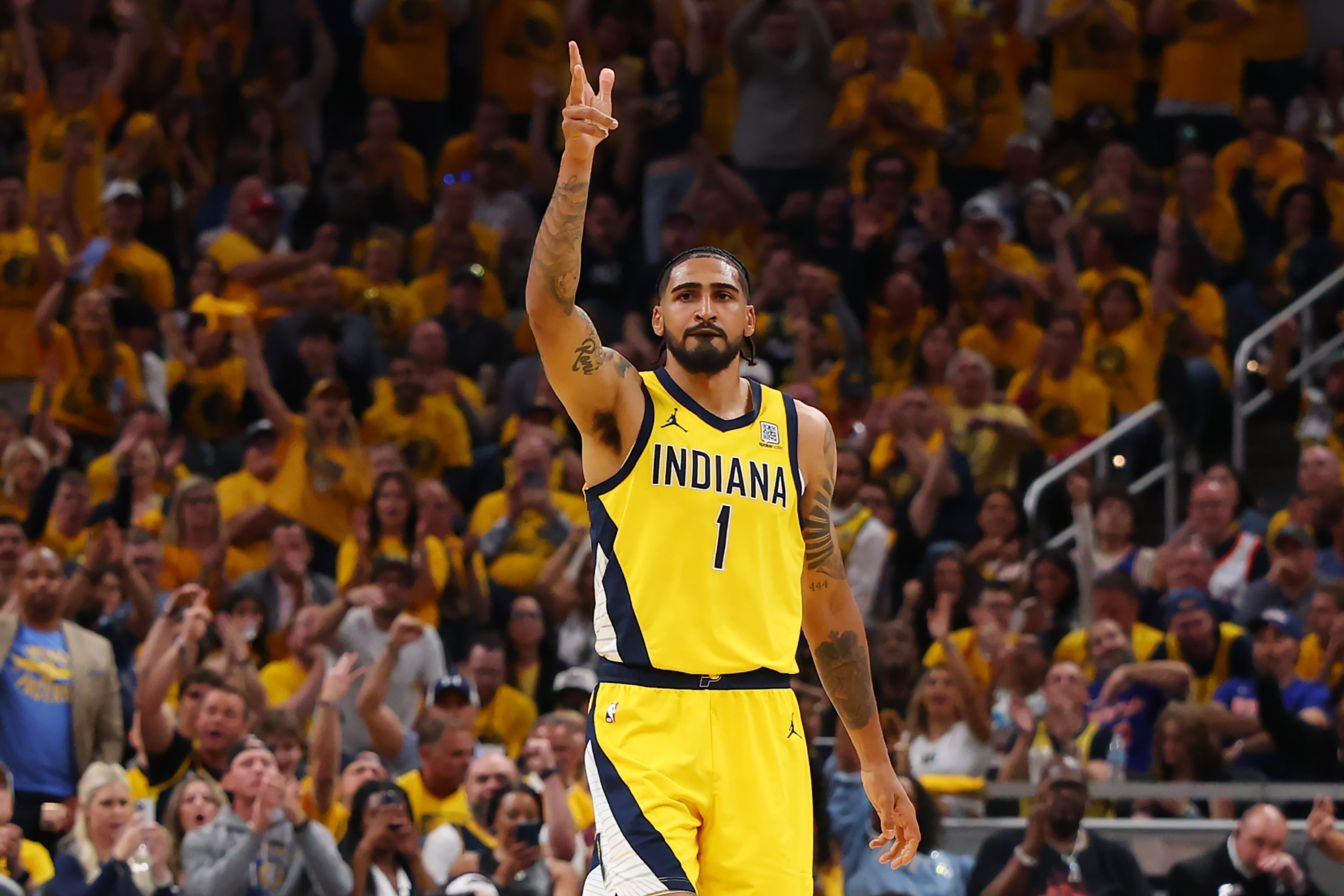 Obi Toppin of the Indiana Pacers celebrates a basket against the New York Knicks during Game Six of the Eastern Conference Finals of the 2025 NBA Playoffs on Saturday in Indianapolis. The Pacers defeated the Knicks 4-2 to advance to the NBA Finals against the Oklahoma City Thunder.