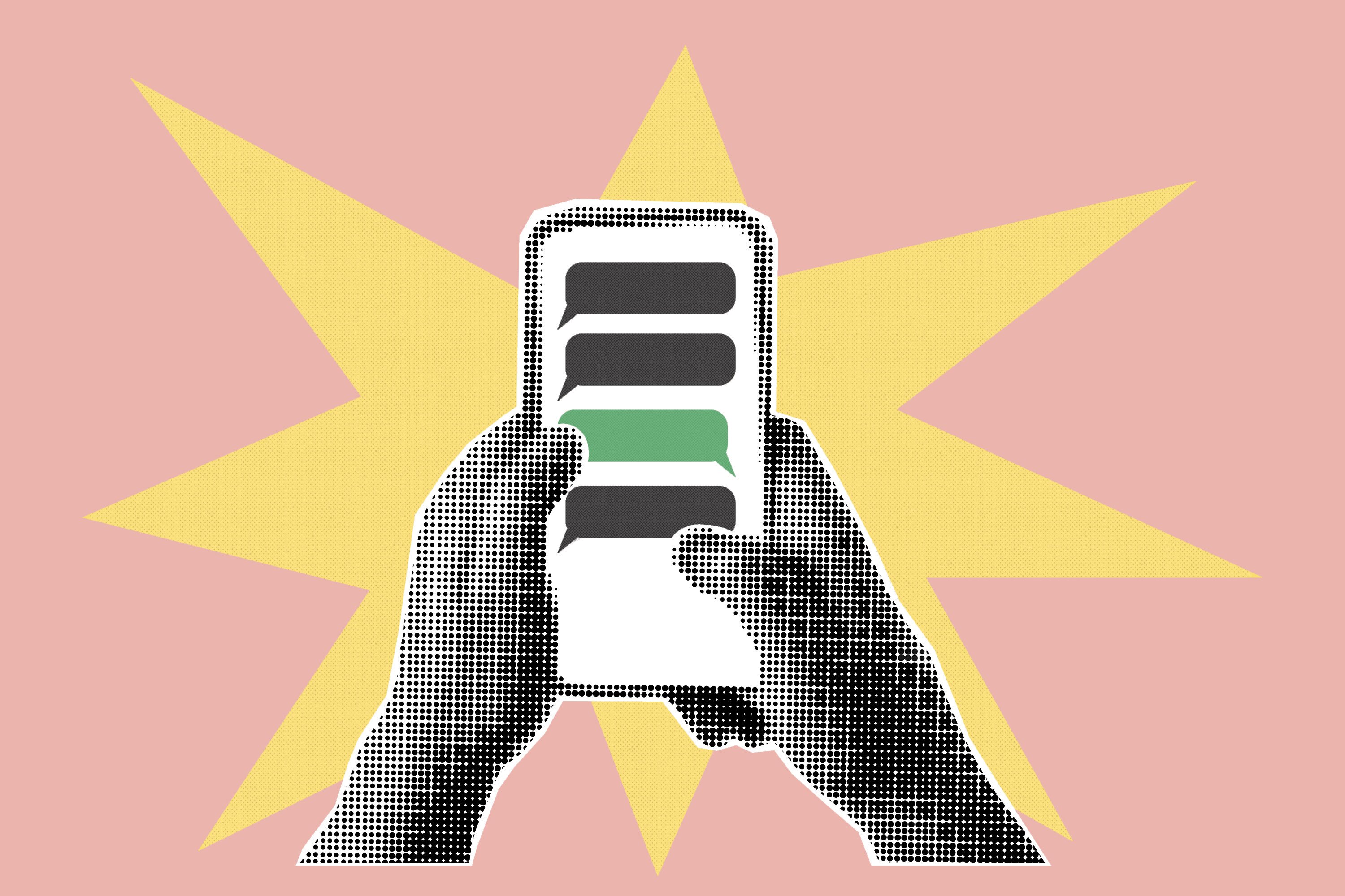 Collage with a pair of hands in halftone style holding a cell phone showing alternating text message bubbles in gray and green. A yellow starburst with a coral background highlights the phone from behind.