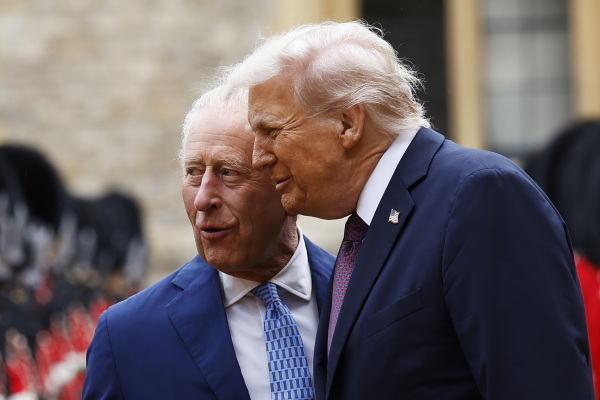 King Charles III and President Trump inspect the Guard of Honor during the state visit at Windsor Castle on September 17, 2025.