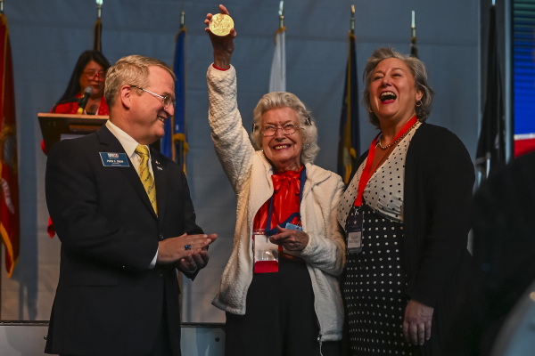 “Rosie” Maxine Boeve is congratulated During the Rosie the Riveter Congressional Gold Medal Commemoration at the World War II Museum in New Orleans, La., on Friday, March 21, 2025.