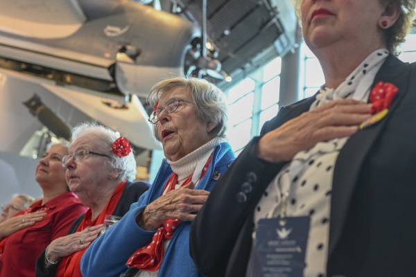 “Rosies” Jane Tucker sings along with The Victory Belles perform the national anthem During the Rosie the Riveter Congressional Gold Medal Commemoration at the World War II Museum in New Orleans, La., on Friday, March 21, 2025.