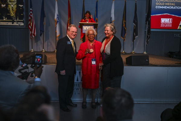 “Rosie” Susan King is congratulated During the Rosie the Riveter Congressional Gold Medal Commemoration at the World War II Museum in New Orleans, La., on Friday, March 21, 2025.