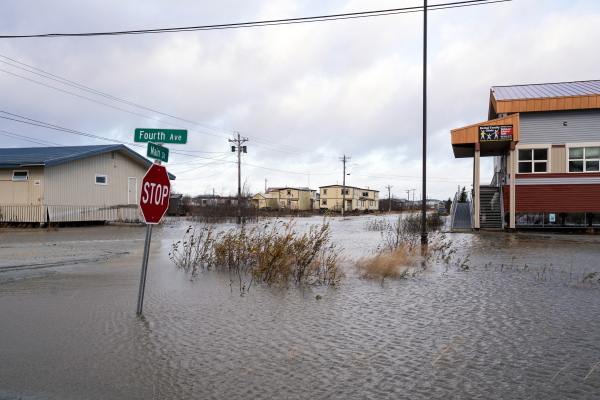 High water levels in the wake of ex-Typhoon Halong cause flooding in Bethel on Oct. 12, 2025.