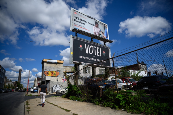 A billboard reading "Vote! For Reproductive Freedom" is seen in Philadelphia on Sept. 20.