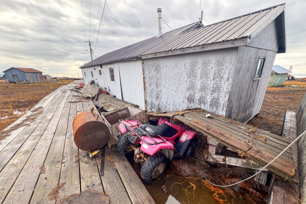 The remnants of typhoon Halong floated homes off their foundations and washed debris across the Western Alaska village of Kwigillingok on Thursday, Oct. 16, 2025. Residents lost boats, four-wheelers and snowmobiles/snowmachines — some of which scattered miles away from the community.