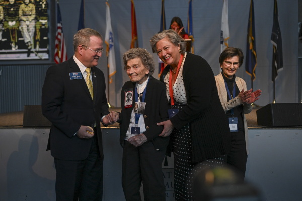 “Rosie” Mary Masciangelo is congratulated During the Rosie the Riveter Congressional Gold Medal Commemoration at the World War II Museum in New Orleans, La., on Friday, March 21, 2025.