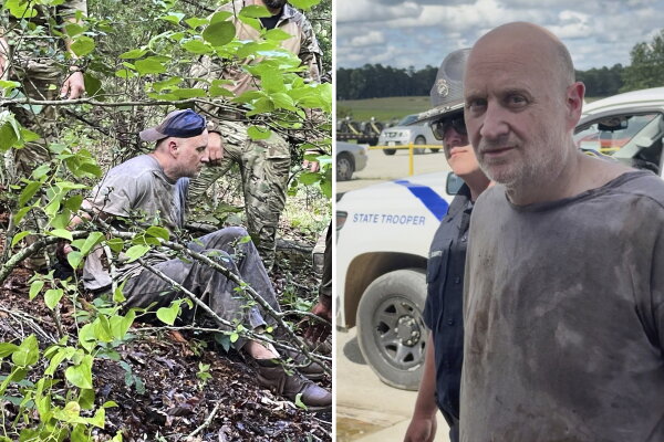 Arkansas law enforcement officers and U.S. Border Patrol with Grant Hardin after his recapture.