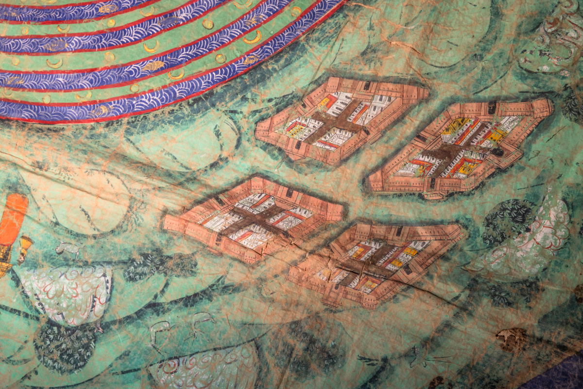 A closeup showing the fabric of the newly-acquired Jain Cosmology Map from India from 1830.