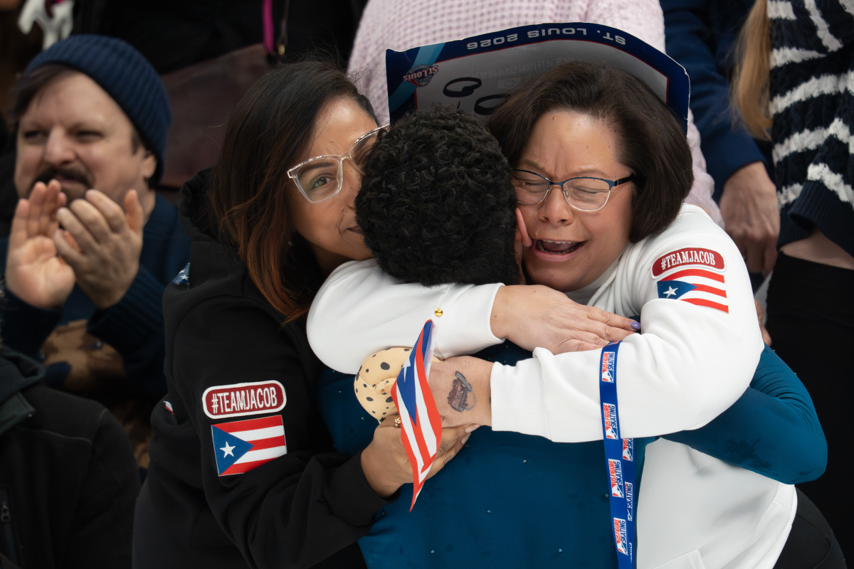 Jacob Sanchez embraces fans and family after competing in the men's free skate during the 2026 U.S. Figure Skating Championships at the Enterprise Center on Saturday, Jan. 10, 2026, in St. Louis' Downtown West neighborhood. Sanchez took the pewter medal in the contest.