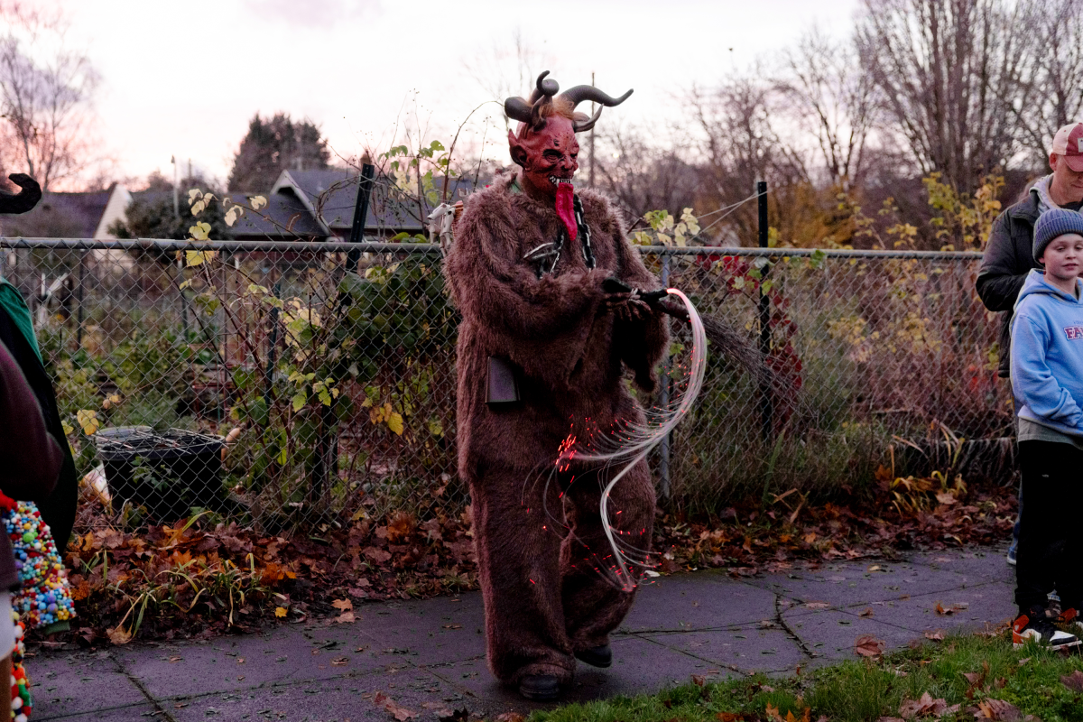 Octavian Dum attends the Portland Krampuslauf in Portland, Ore. on December 5, 2025.