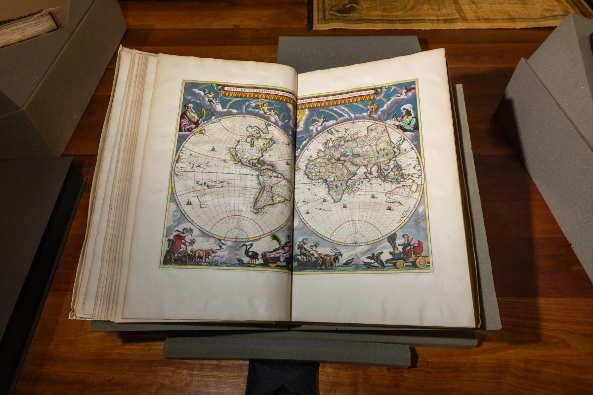 The Theatrum Orbis Terrarum, 1575, by Abraham Ortelius (1527-1598) is often considered the world's first atlas. The library has two copies.