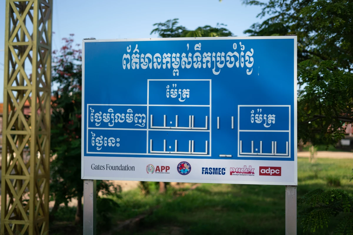 A flood warning sign in Cambodia's Tbong Khmum province. Metal slots on the sign allow local officials to display water height forecasts for local residents.
