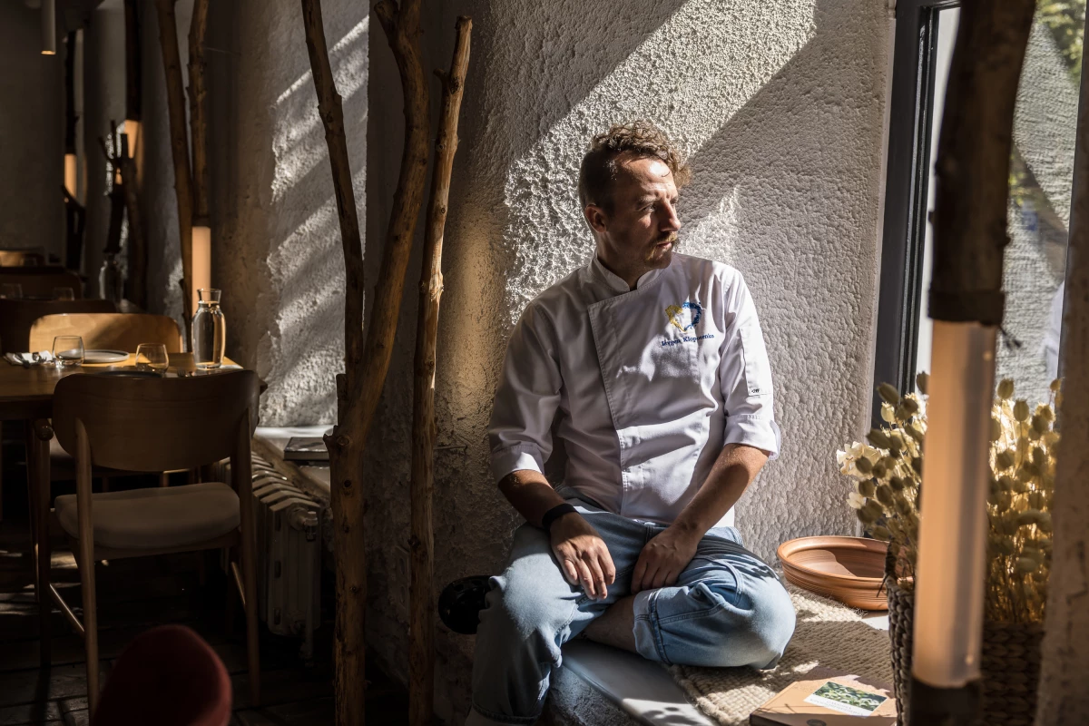 Yevhen Klopotenko, 37, Ukrainian chef and restaurateur, poses for a portrait in his restaurant 100 rokiv tomu vpered in Kyiv, Ukraine, on Aug. 14.