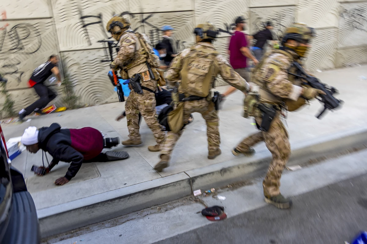 National Guard officers at an anti-ICE protest in Downtown Los Angeles on June 12.