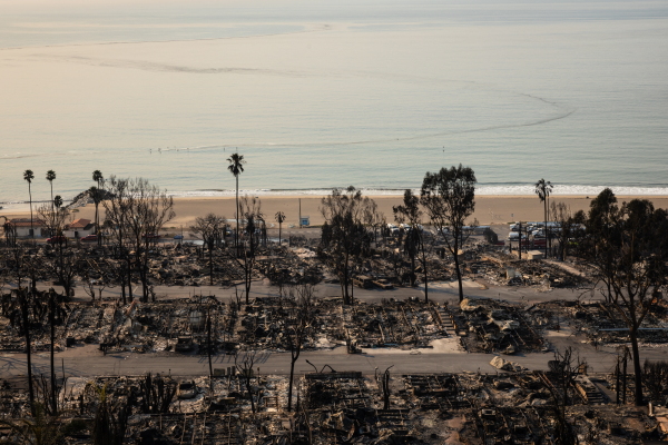 A destroyed mobile home park in the Pacific Palisades neighborhood of Los Angeles on Jan. 10, 2025.