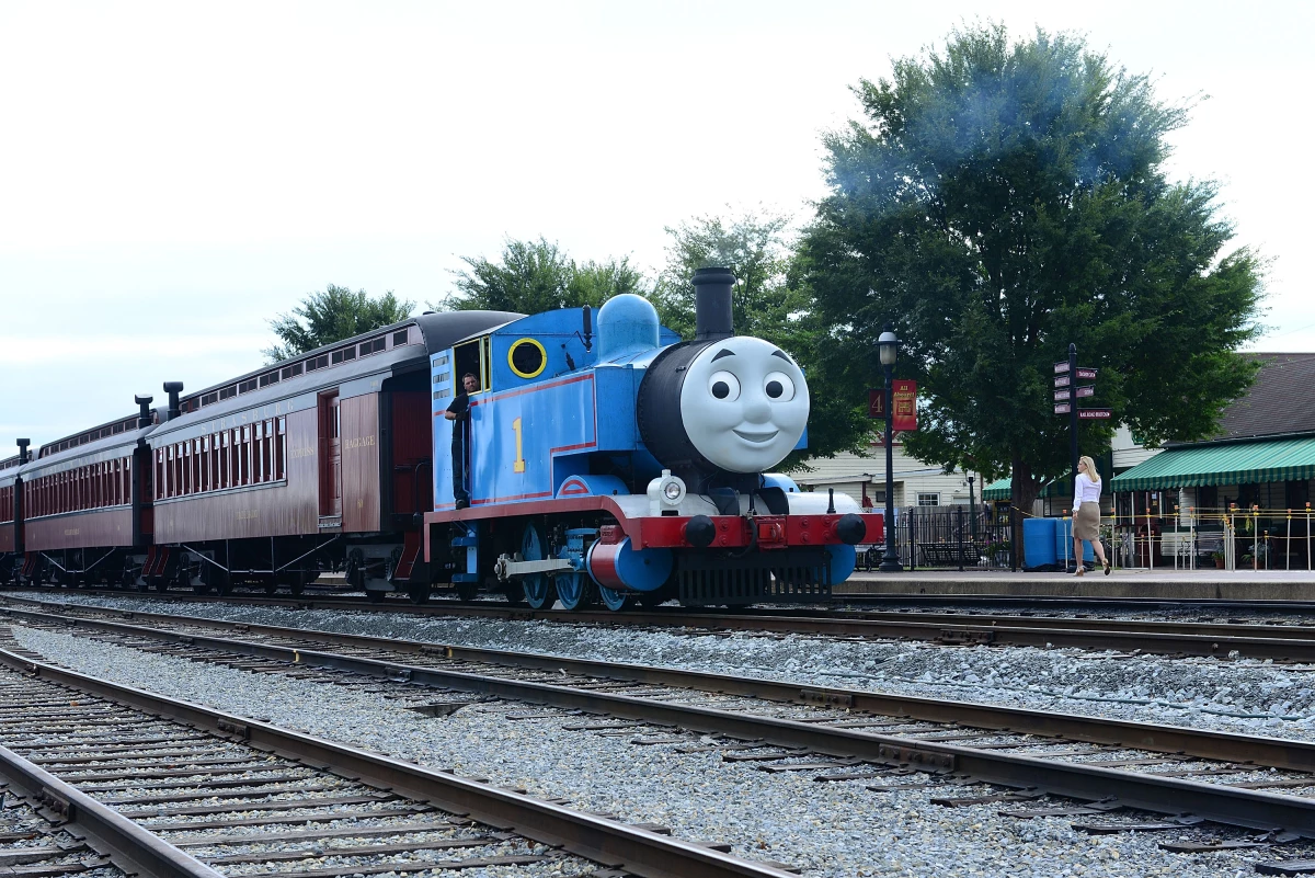 Thomas the Tank Engine arrives for Thomas & Friends: A Day Out with Thomas Tour at Strasburg Rail Road Museum in September 2014 in Lancaster County, Pa.