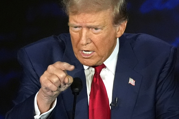Republican presidential nominee former President Donald Trump speaks during a presidential debate with Democratic presidential nominee Vice President Kamala Harris at the National Constitution Center in Philadelphia.