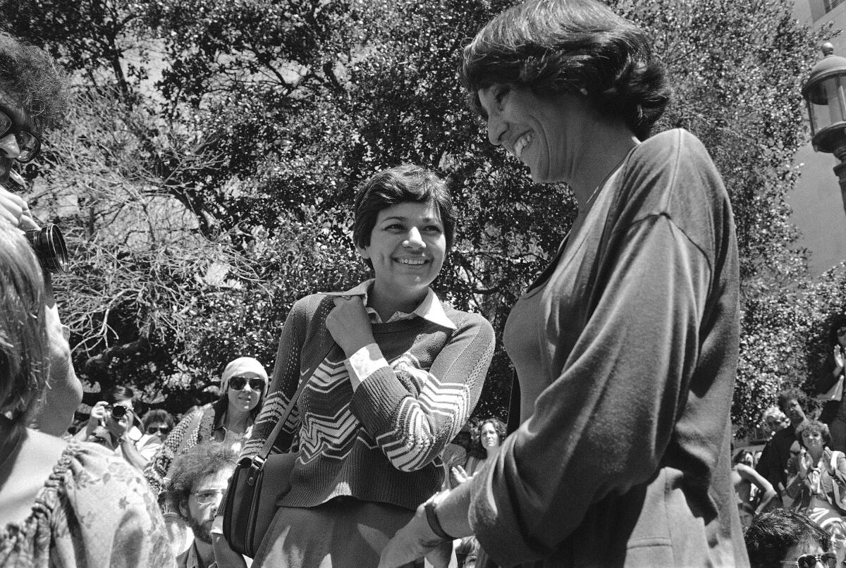 Singer Joan Baez (right) and Avital Sharansky at Sproul Plaza at the University of California campus in Berkeley on July 20, 1978, at a rally for Sharansky, the wife of Soviet dissident Natan Sharansky.