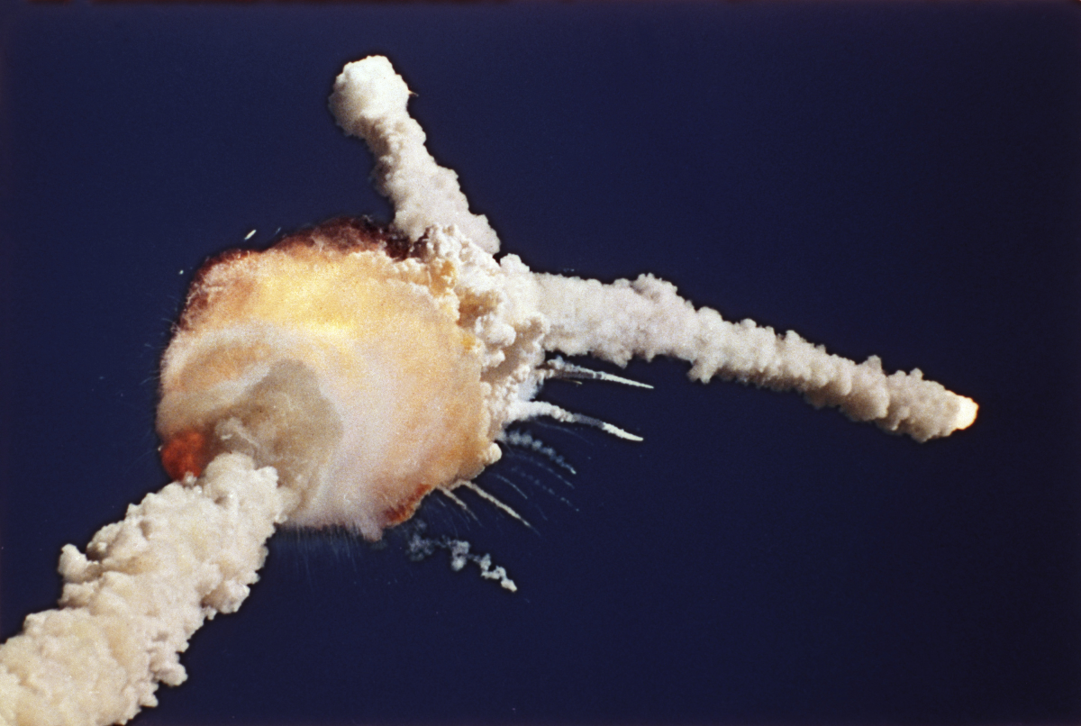 The space shuttle Challenger explodes shortly after lifting off from Kennedy Space Center in Florida on Jan. 28, 1986. The explosion was blamed on faulty O-rings in the shuttle's booster rockets.