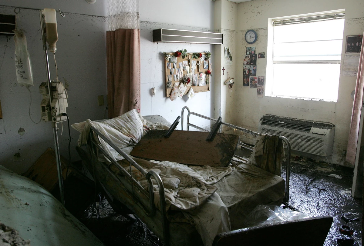 A hospital bed sits in a room at the St. Rita's Nursing Home on Sept. 14, 2005 in St. Bernard, La. The owners of St. Rita's Nursing home were formally charged with 34 counts of negligent homicide after they allegedly failed to evacuate patients at the home prior to Hurricane Katrina. In 2007 the owners were acquited.