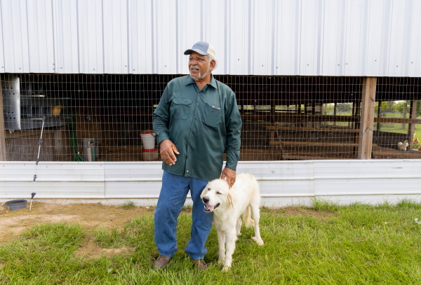 Hilery Gobert stands next to his livestock guardian dog, Bella, on July 16, 2024, at Driftwood Farm in Iowa, Louisiana. Gobert is wearing blue jeans, a long-sleeved green shirt and a baseball cap. Bella is a white dog that comes up to Gobert's upper thigh. A barn-like structure stands in the background.