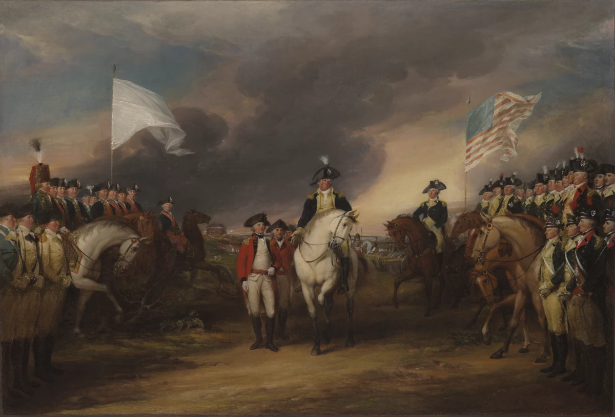 This painting by John Trumbull depicts the British surrender at Yorktown, marking the end of the Revolutionary War. The defeated British army marches between the Americans on the right, led by General George Washington, and the French on the left, led by General Jean-Baptiste Rochambeau. At the center, on horseback, Major General Benjamin Lincoln, Washington's second-in-command, accepts the official surrender from General Lord Cornwallis's deputy, General Charles O'Hara.
