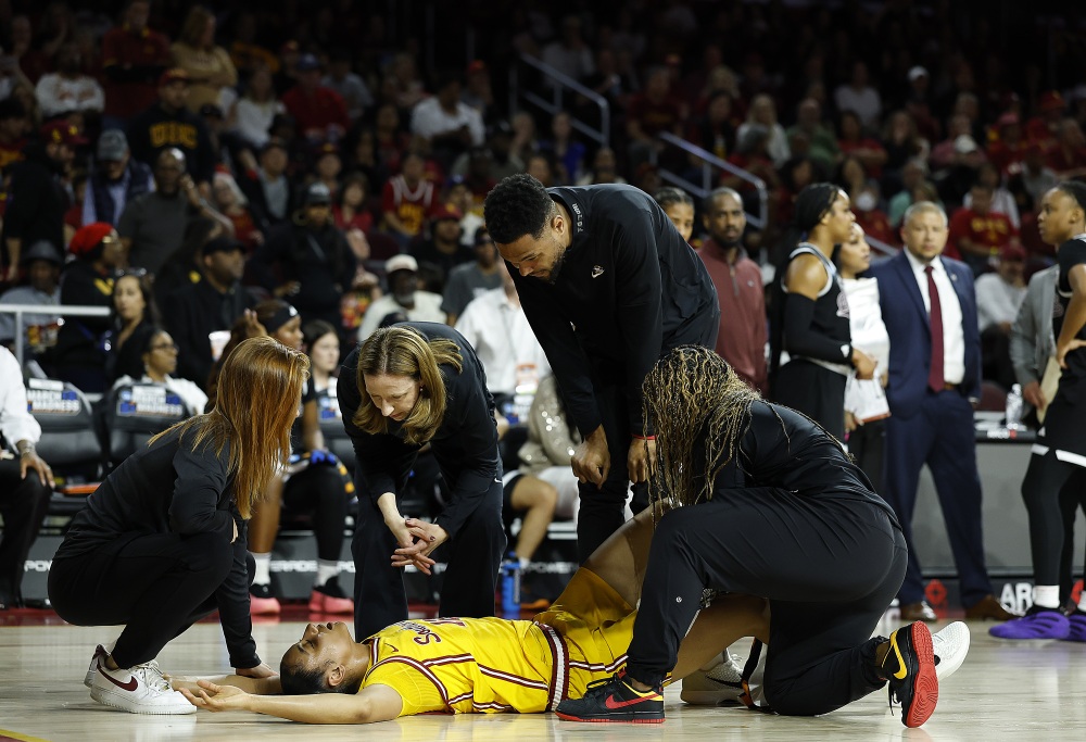 JuJu Watkins #12 of the USC Trojans after an injury against the Mississippi State Bulldogs in the first half during the second round of the NCAA Women's Basketball Tournament at Galen Center on March 24, 2025 in Los Angeles, California. (Getty Images)
