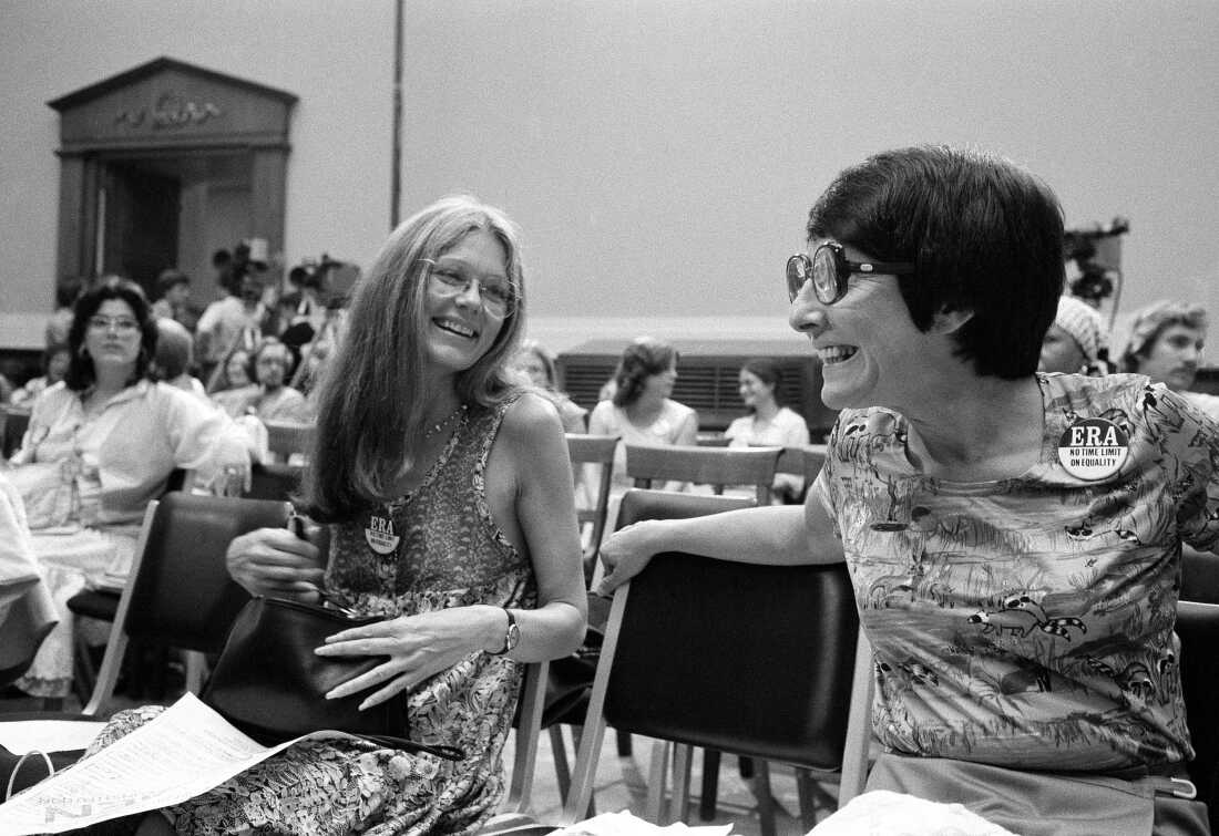 In this July 18, 1978, file photo, Gloria Steinem, left, and presidential assistant Midge Costanza sit near at a meeting of the House Judiciary Committee in Washington. The panel voted in favor of a time extension for ratification of the Equal Rights Amendment.