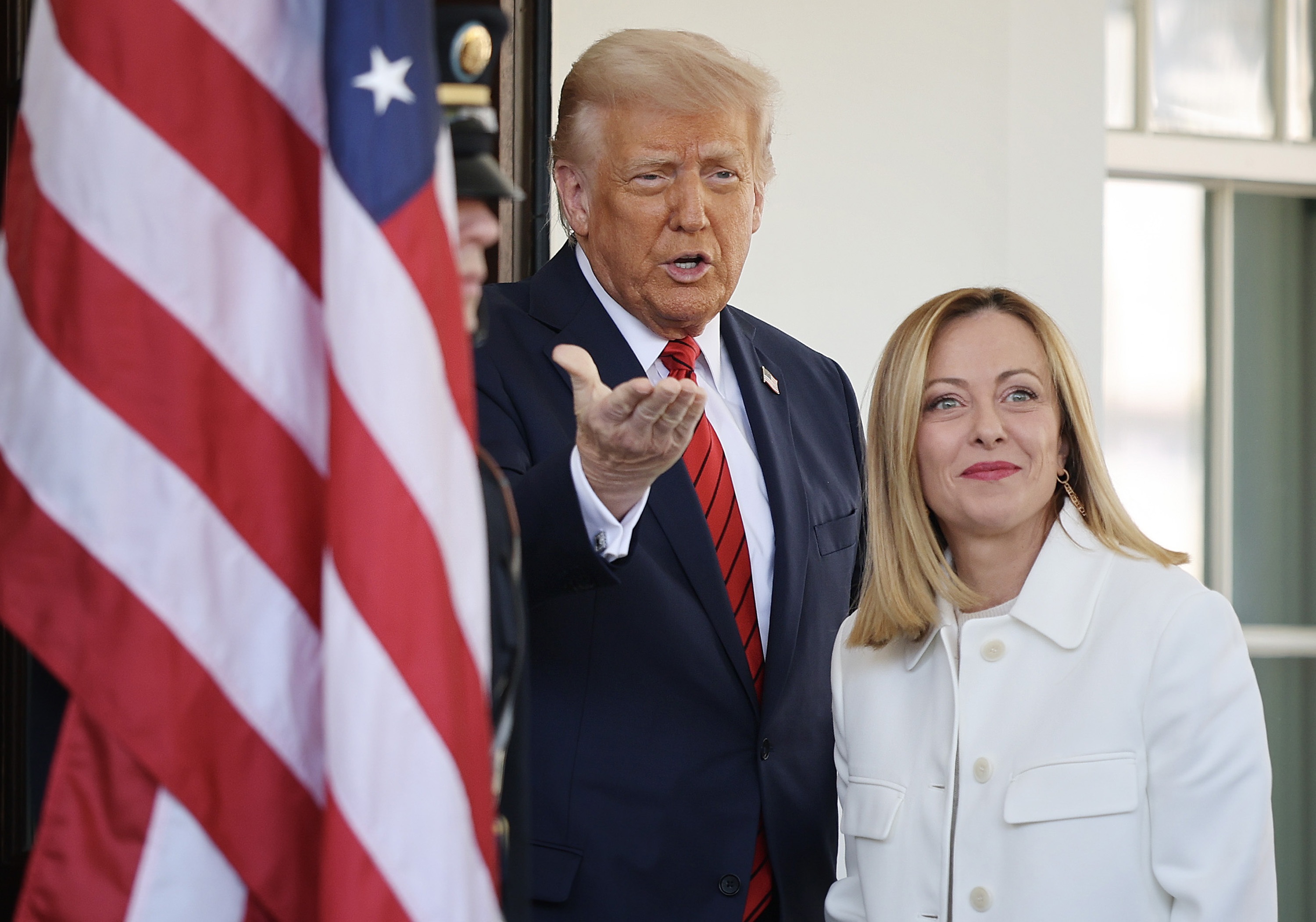 President Trump greets Italian Prime Minister Giorgia Meloni outside the West Wing of the White House on April 17. Meloni has been called a "Trump whisperer" who could bridge the gap between the U.S. president and European leaders.