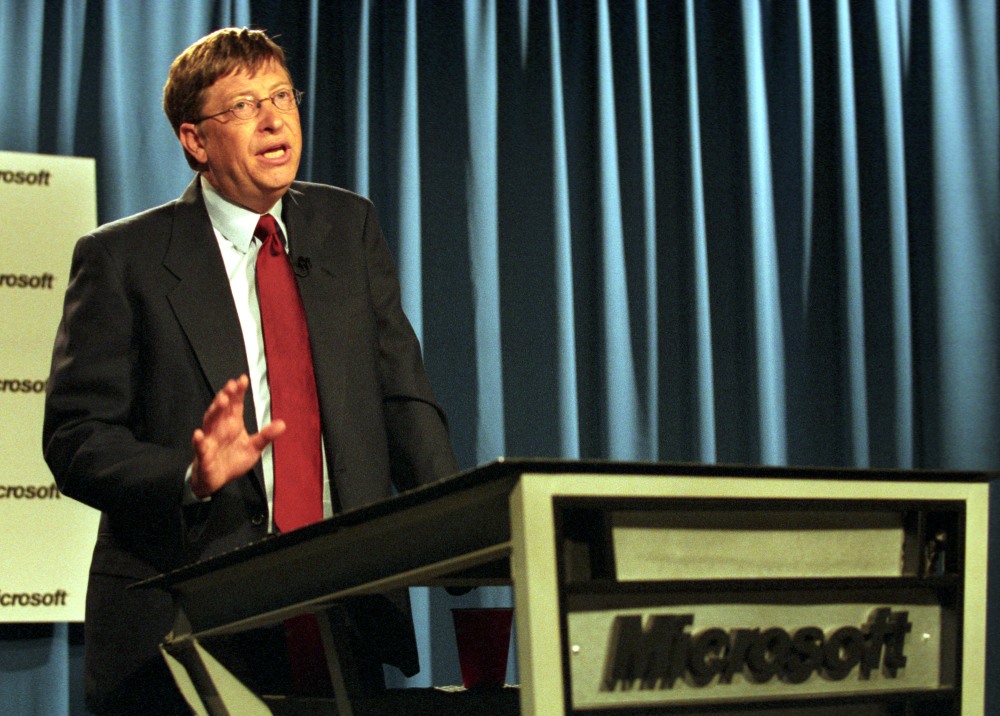 In 2001, Microsoft Chief Software Architect Bill Gates comments at Microsoft headquarters in Redmond, Wash., on the U.S. Court of Appeals decision to overturn a lower court's ruling that the software giant be broken up. (Getty Images)