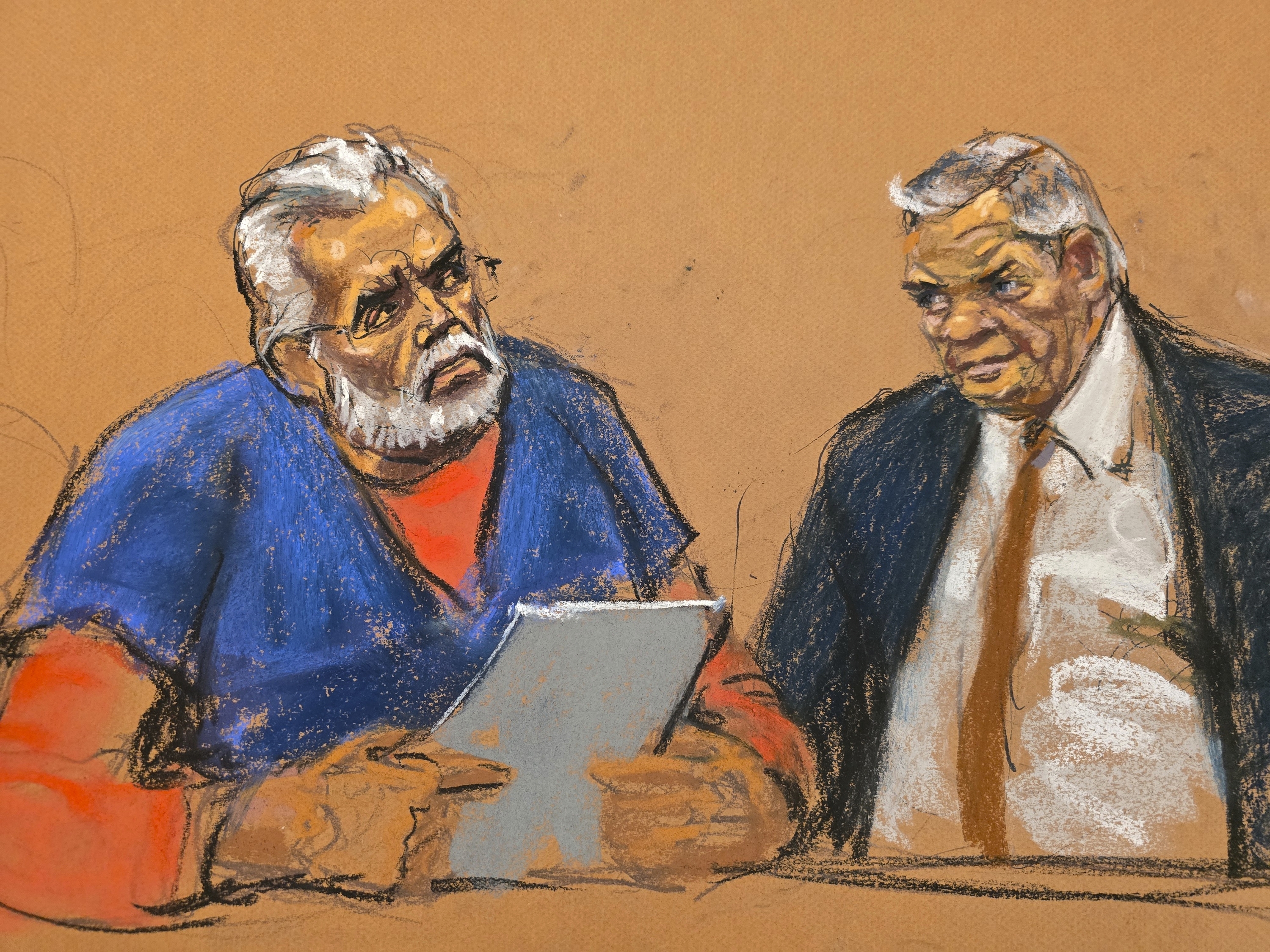 "El Mayo" Zambada speaks to Judge Brian Cogan (not pictured) in Brooklyn federal court, as his defense attorney Frank Perez looks on, Monday, Aug. 25, 2025, in New York. (AP)