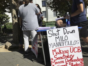 In this Sept. 21, 2017 photo, a group has put up flyers and a booth on Sproul Plaza calling for protesters to