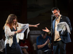 <em>The Pitt</em> cast members Fiona Dourif, left, and Noah Wyle read the script of <em>Star Trek</em>'s first episode at a fundraiser for The Writers Guild Foundation.
