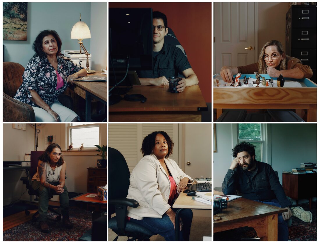 Clockwise from top left: Marsinah Ramirez Buchan, Philip Bender, Elizabeth Fisher, Rosanne Marmor, Kendra F. Dunlap, and Carter J. Carter. This is a collage of six portraits of therapists in their offices.