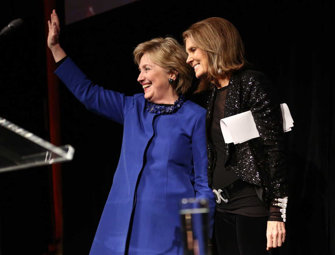 Former Secretary of State Hillary Clinton — here posing with Gloria Steinem in 2017 — was one of many cultural figures to pay tribute after her death on Wednesday.
