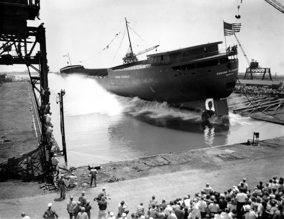 The largest and longest vessel ever built on the Great Lakes, the 729-foot ore carrier SS Edmund Fitzgerald, slides into the launching basin, on June 7, 1958, in Detroit, Mich.