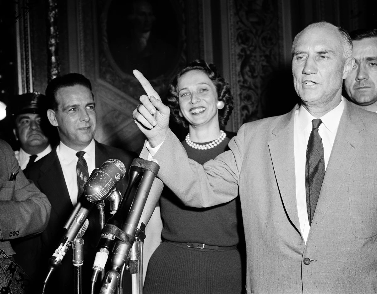 Performing for the benefit of newsmen, Sen. Strom Thurmond, D-S.C., demonstrates his oratory, minutes after he emerged from the Senate chamber where he spoke a record-breaking 24-hours, 18 minutes, against the 1957 Civil Rights Act.