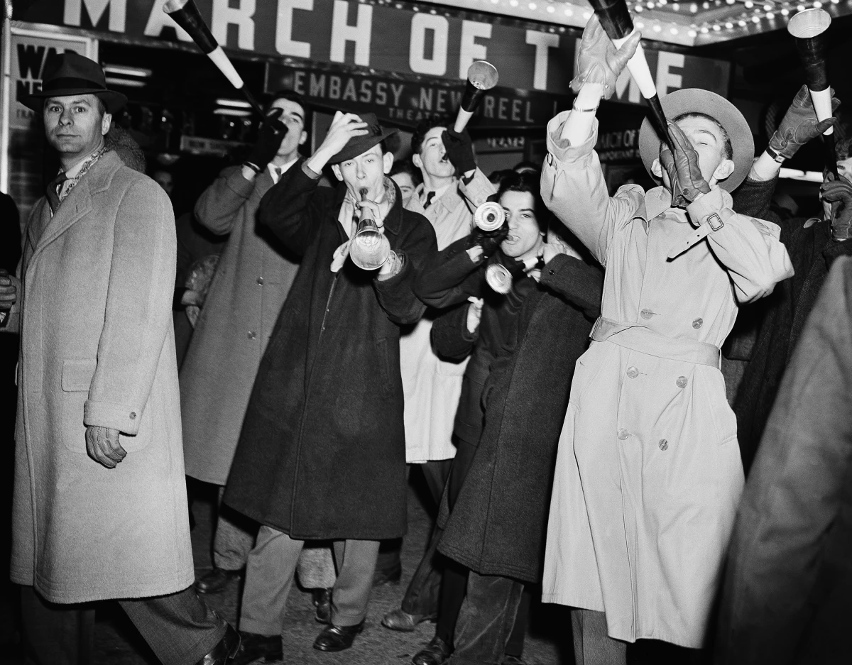 Revelers celebrate the new year on Jan. 1, 1942, in Times Square. Its New Year's Eve ball drop attracts millions of viewers — at home and in the streets of New York City — every year.